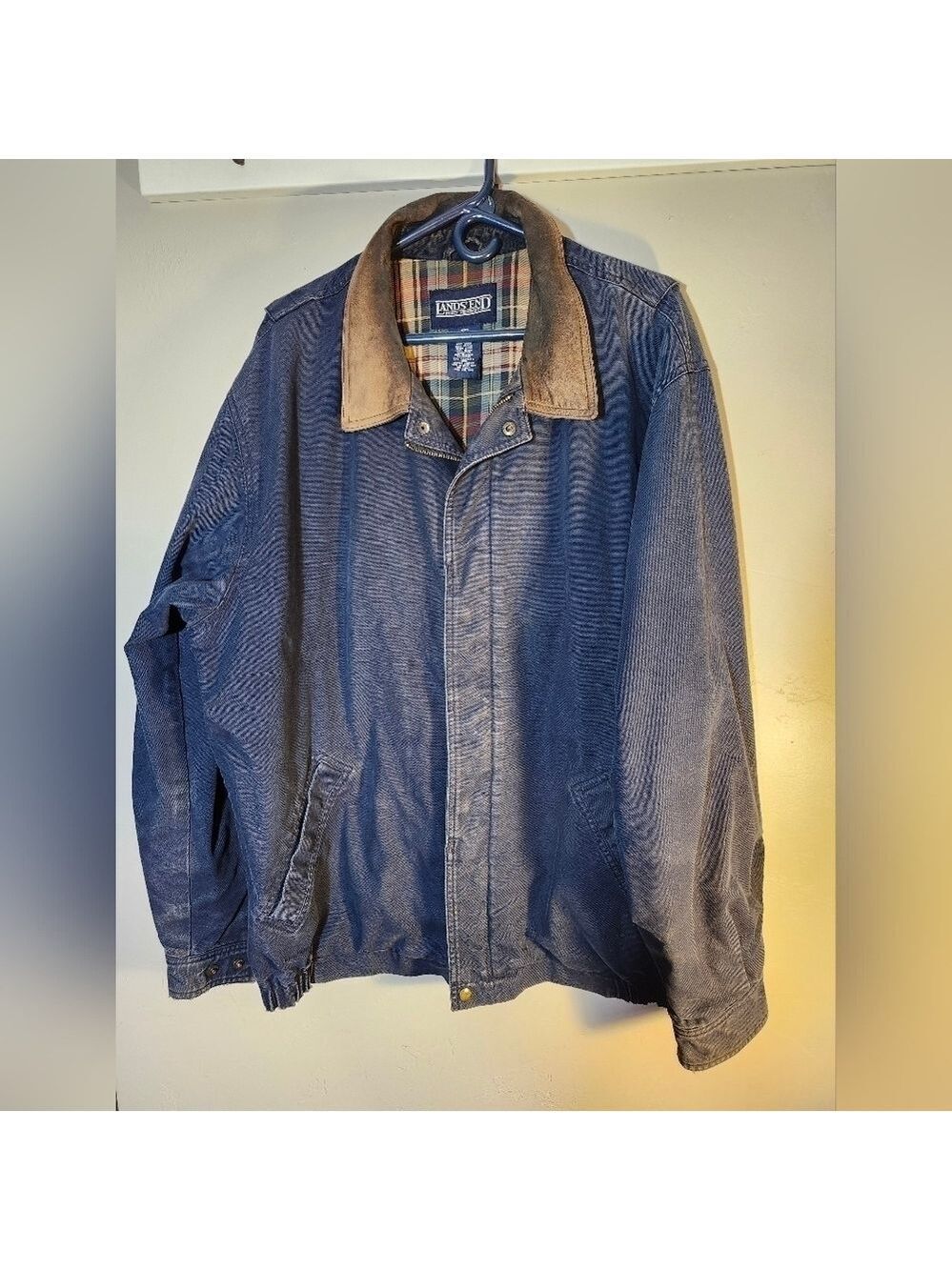 Land's End Chore/farm Men's jacket 100% cotton leather collar Vintage sz XLT